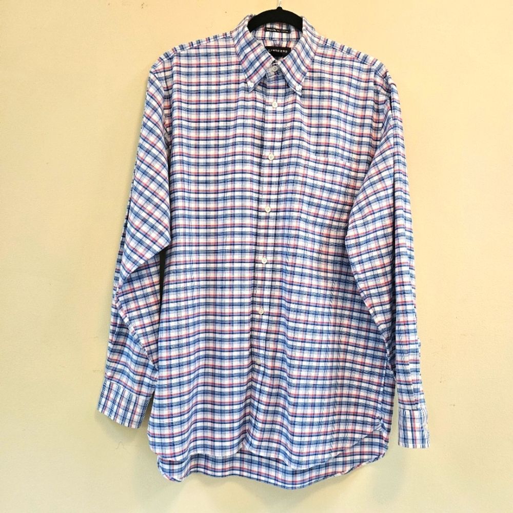 Land's End Shirt Men Sz L 16-16 1/2 Supima No Iron Oxford Blue/Red/White Plaid